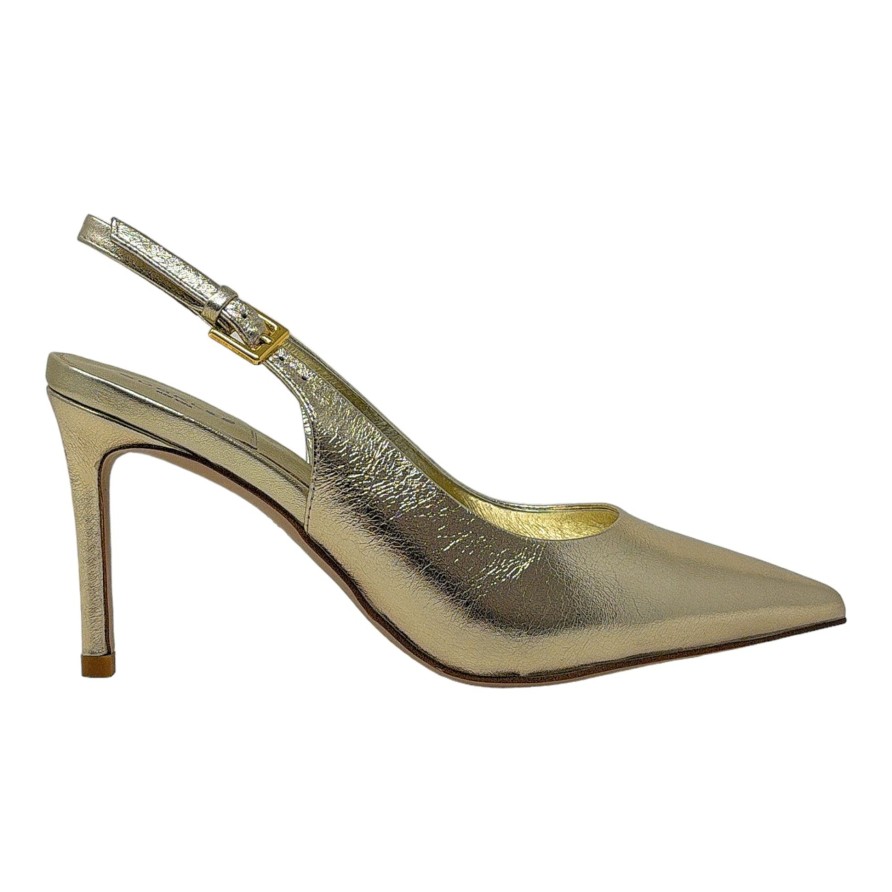 Heels Buckles Footwear | Buckles New York | Nikki Sling | Leather Gold